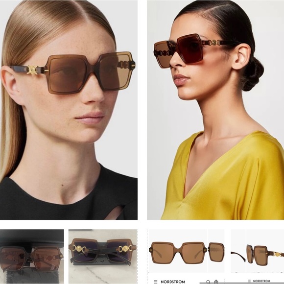 VERSACE LOGO MEDALLIONS FOR A SIGNATURE STATEMENT ON TRANSPARENT BROWN SUNNIES - Picture 2 of 16